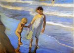 Valencia Two LIttle Girls on a Beach Painting Joaquin Soroll